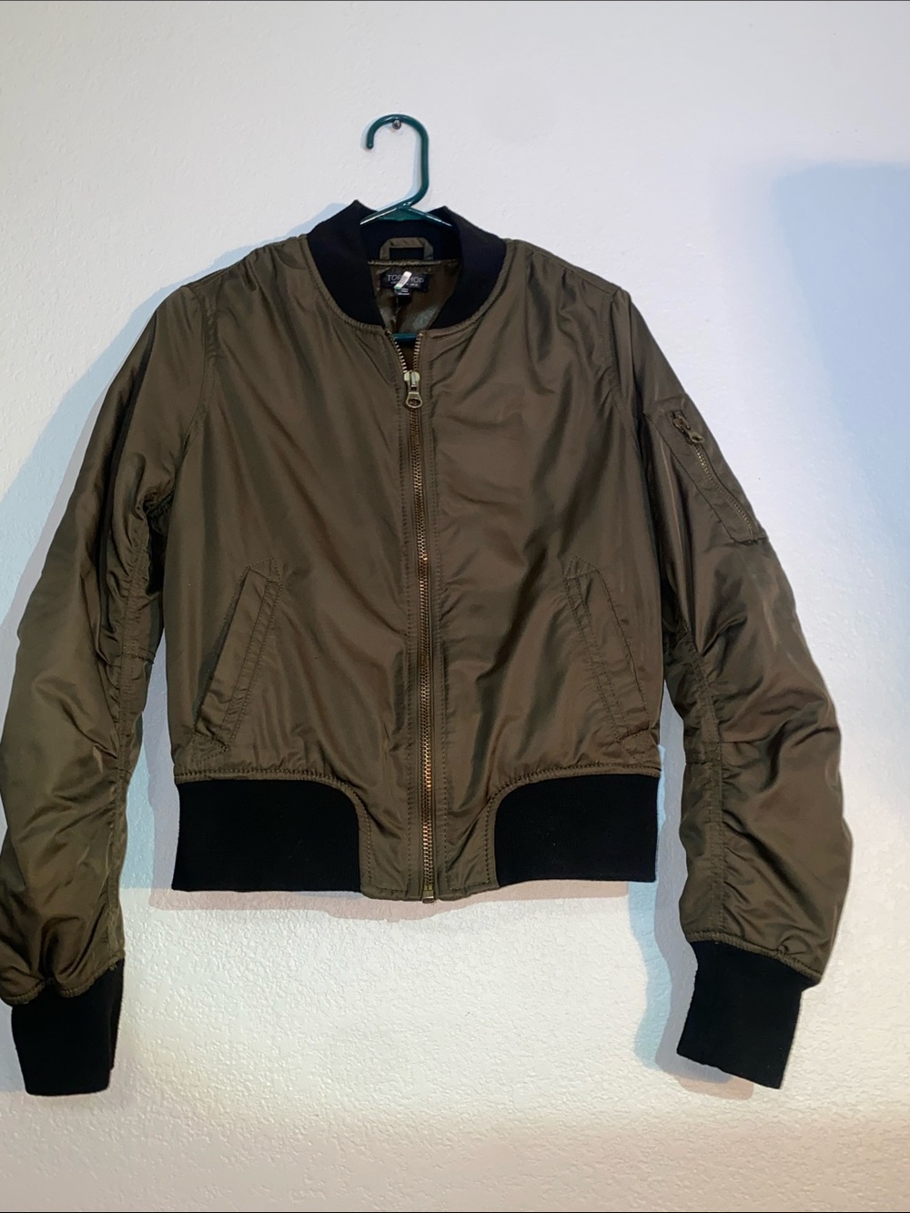 Olive Green Bomber Jacket with Black Ribbed Trim